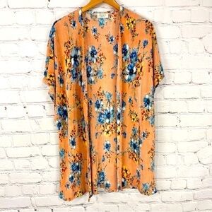 Frumos Kimono Shrug Womens  Blush Pink Blue Floral Lightweight Ribbed